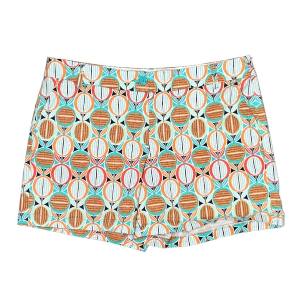 CROWN & IVY Stretch Cotton Pockets CHINO SHORTS Orange/Aqua Geo/Circle Print 2